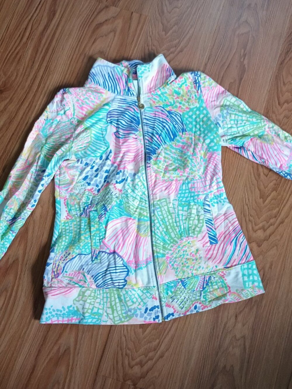 Lilly Pulitzer Full Zip French Terry Jacket Tropical Print Small Gold Palm Pull